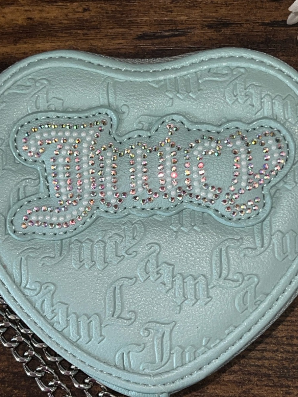 NWOT Juicy Couture Pastel Aqua Heart Wristlet with Rhinestone and Pearl Logo - Picture 3 of 5